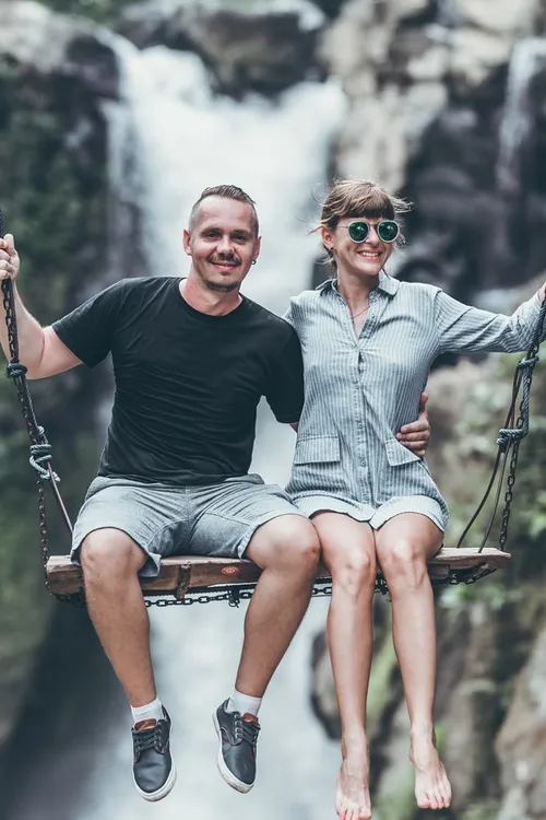 Couple on a romantic honeymoon by the water